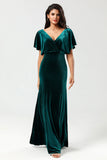 Confidently Charismatic A Line V-Neck Peacock Velvet Bridesmaid Dress with Ruffles