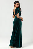 Confidently Charismatic A Line V-Neck Peacock Velvet Bridesmaid Dress with Ruffles