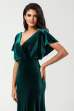 Confidently Charismatic A Line V-Neck Peacock Velvet Bridesmaid Dress with Ruffles