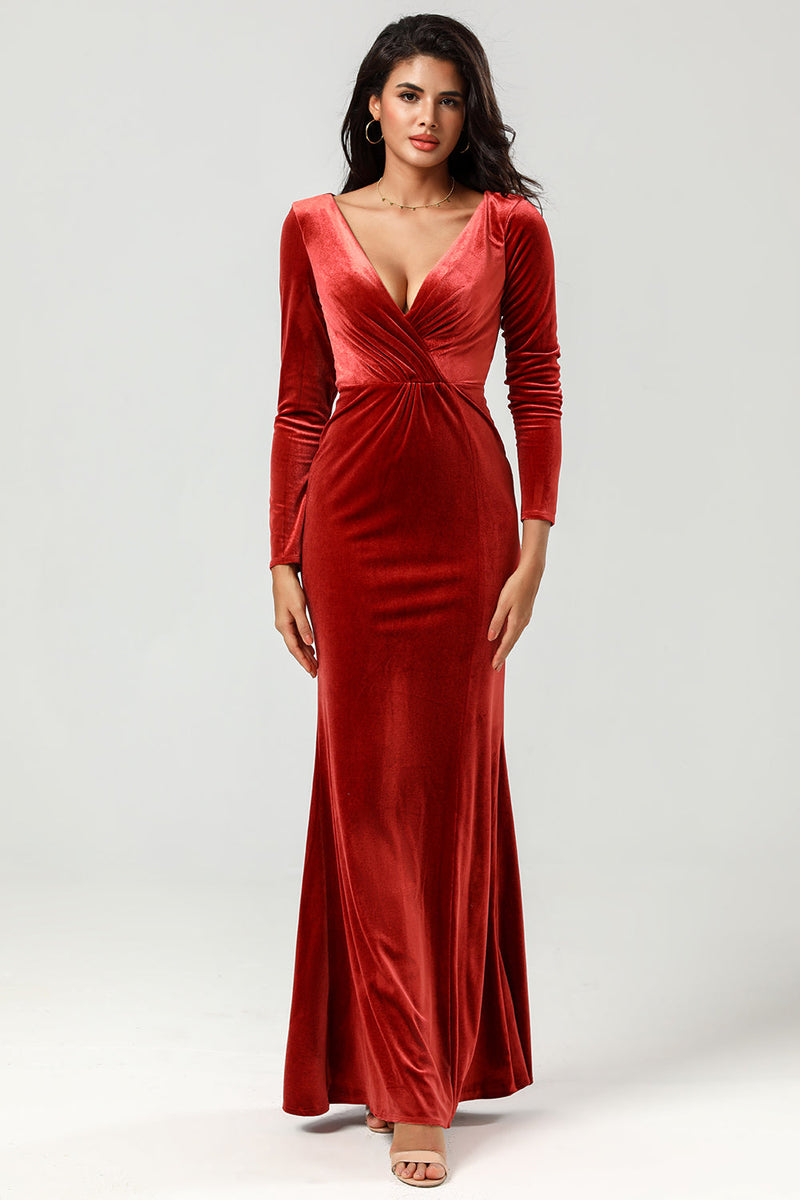 Load image into Gallery viewer, Keeper of My Heart Mermaid Terracotta Bridesmaid Dress with Long Sleeves