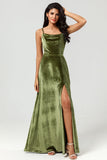 Velvet A Line Green Bridesmaid Dress with Slit