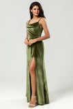 Velvet A Line Green Bridesmaid Dress with Slit