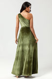 One Shoulder A Line Velvet Green Bridesmaid Dress with Slit