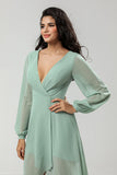 High-low Chiffon A Line Green Bridesmaid Dress with Long Sleeves