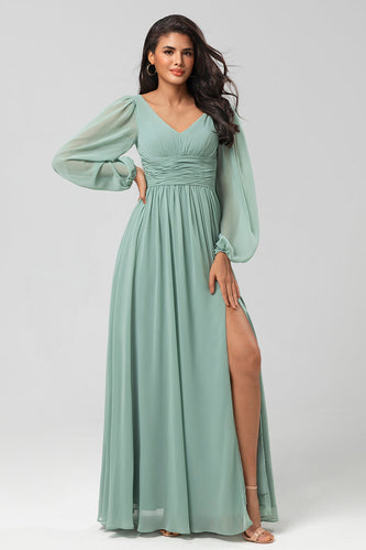 A Line Green Long Sleeves Bridesmaid Dress with Slit