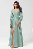 Chiffon A Line Long Sleeves Bridesmaid Dress with Buttons