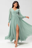 Chiffon A Line Long Sleeves Bridesmaid Dress with Buttons