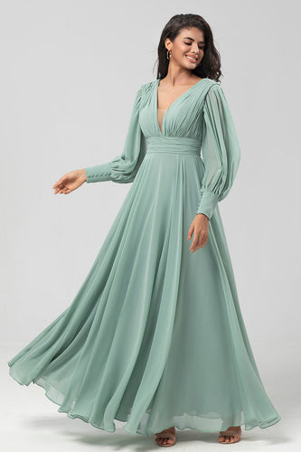 Detachable Long Sleeves Chiffon Green Bridesmaid Dress with Pleated