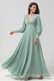 Detachable Long Sleeves Chiffon Green Bridesmaid Dress with Pleated