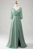 Matcha Batwing Sleeves Long Chiffon Bridesmaid Dress with Slit