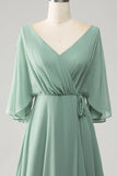 Matcha Batwing Sleeves Long Chiffon Bridesmaid Dress with Slit