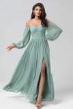 Off the Shoulder Long Sleeves Green Bridemaid Dress with Slit