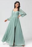 Off the Shoulder Long Sleeves Green Bridemaid Dress with Slit