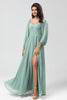 Load image into Gallery viewer, Off the Shoulder Long Sleeves Green Bridemaid Dress with Slit
