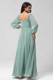 Off the Shoulder Long Sleeves Green Bridemaid Dress with Slit