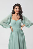 Off the Shoulder Long Sleeves Green Bridemaid Dress with Slit