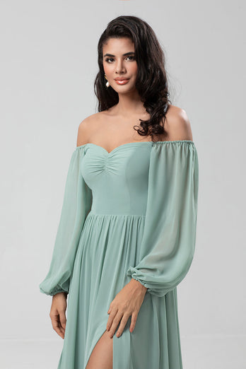 Off the Shoulder Long Sleeves Green Bridemaid Dress with Slit