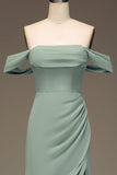 Dusty Sage Off the Shoulder Sheath Chiffon Pleated Long Bridesmaid Dress