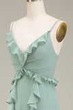 Eucalyptus A-Line V-Neck Chiffon Bridesmaid Dress With Ruffles