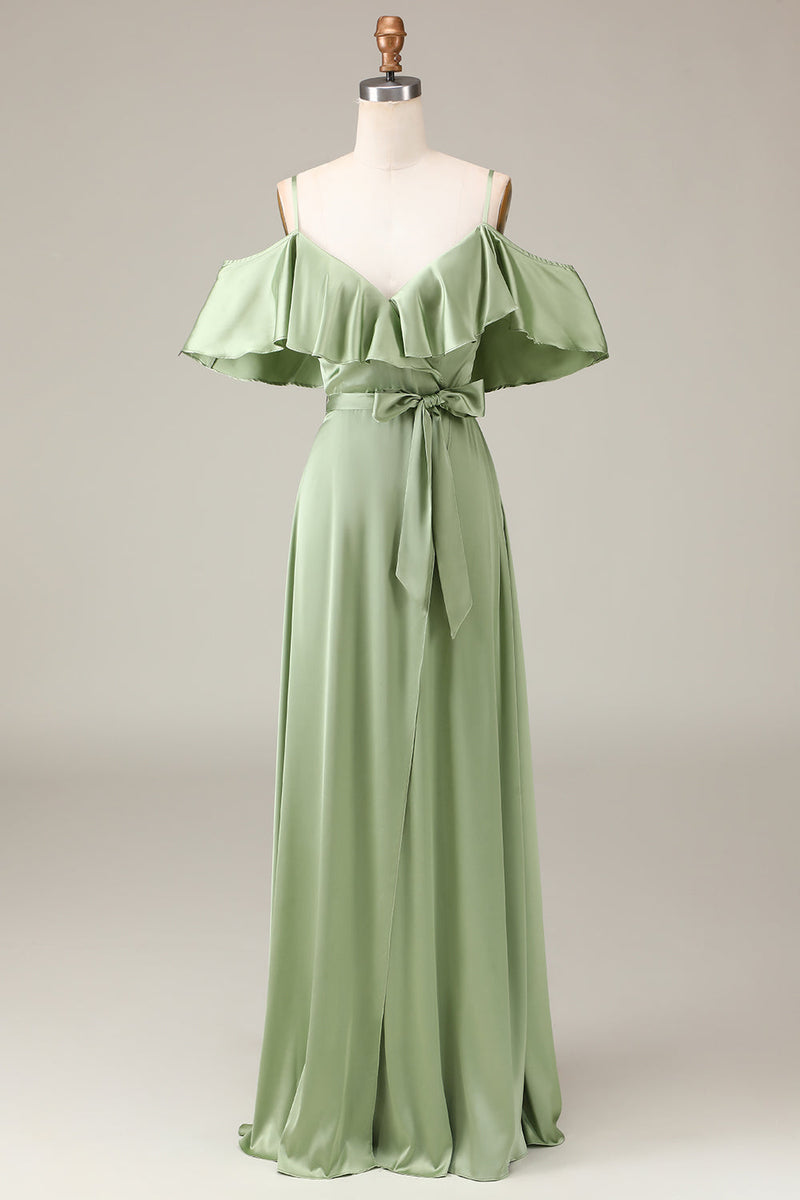Load image into Gallery viewer, Matcha Spaghetti Straps Cold Shoulder A-line Satin Bridesmaid Dress