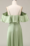 Matcha Spaghetti Straps Cold Shoulder A-line Satin Bridesmaid Dress