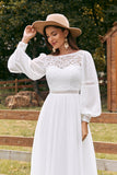 Ivory Bateau Chiffon Long Boho Wedding Dress with Lace