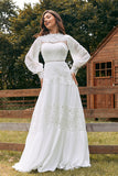 Ivory Long Sleeves Boho Wedding Dress with Lace