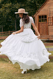 Ivory Short Sleeves Boho Chiffon Wedding Dress with Lace