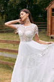 Ivory Short Sleeves Boho Chiffon Wedding Dress with Lace