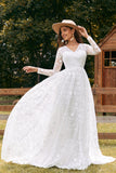 Ivory A-Line V-Neck Lace Sweep Train Wedding Dress with Sleeves