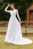 Ivory A-Line V-Neck Lace Sweep Train Wedding Dress with Sleeves