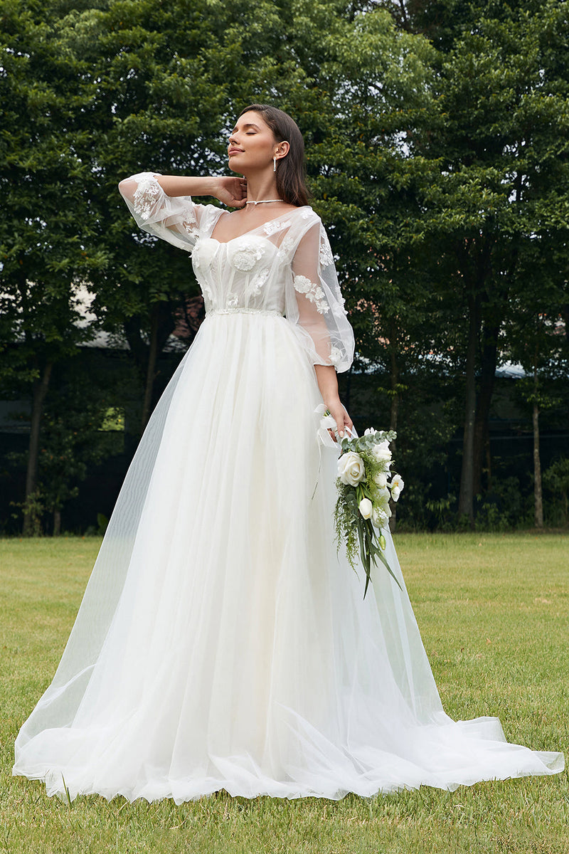Load image into Gallery viewer, Ivory Puff Sleeves Corset Wedding Dress with 3D Flowers