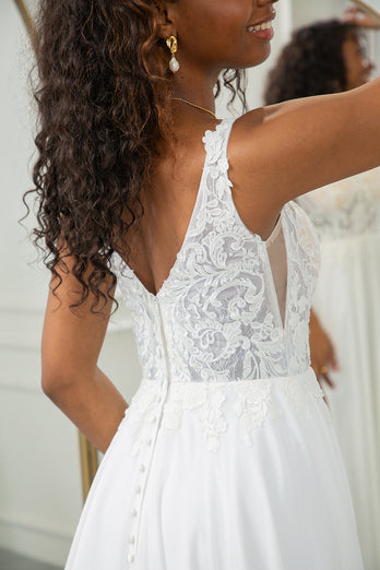 Ivory Scoop Neck Boho Chiffon Wedding Dress with Lace