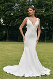 Simple Ivory Mermaid Backless Boho Wedding Dress