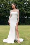 Ivory Illusion Long Sleeves Backless Mermaid Wedding Dress with Slit