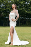 Ivory Illusion Long Sleeves Backless Mermaid Wedding Dress with Slit