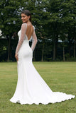 Ivory Illusion Long Sleeves Backless Mermaid Wedding Dress with Slit