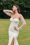 Simple Ivory Detachable Illusion Long Sleeves Mermaid Wedding Dress with Slit