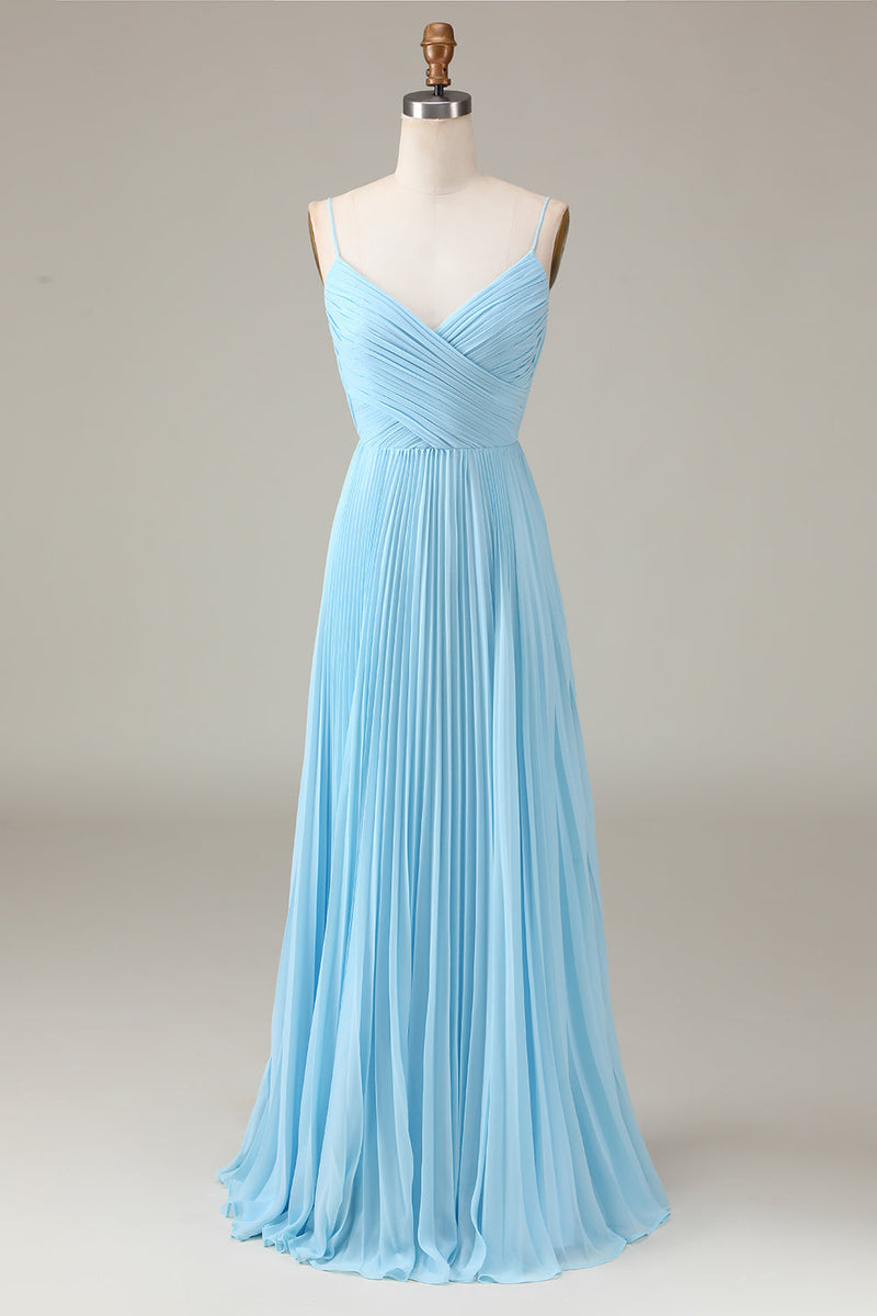 Load image into Gallery viewer, Sky Blue Spaghetti Straps V-neck A-line Pleated Chiffon Bridesmaid Dress