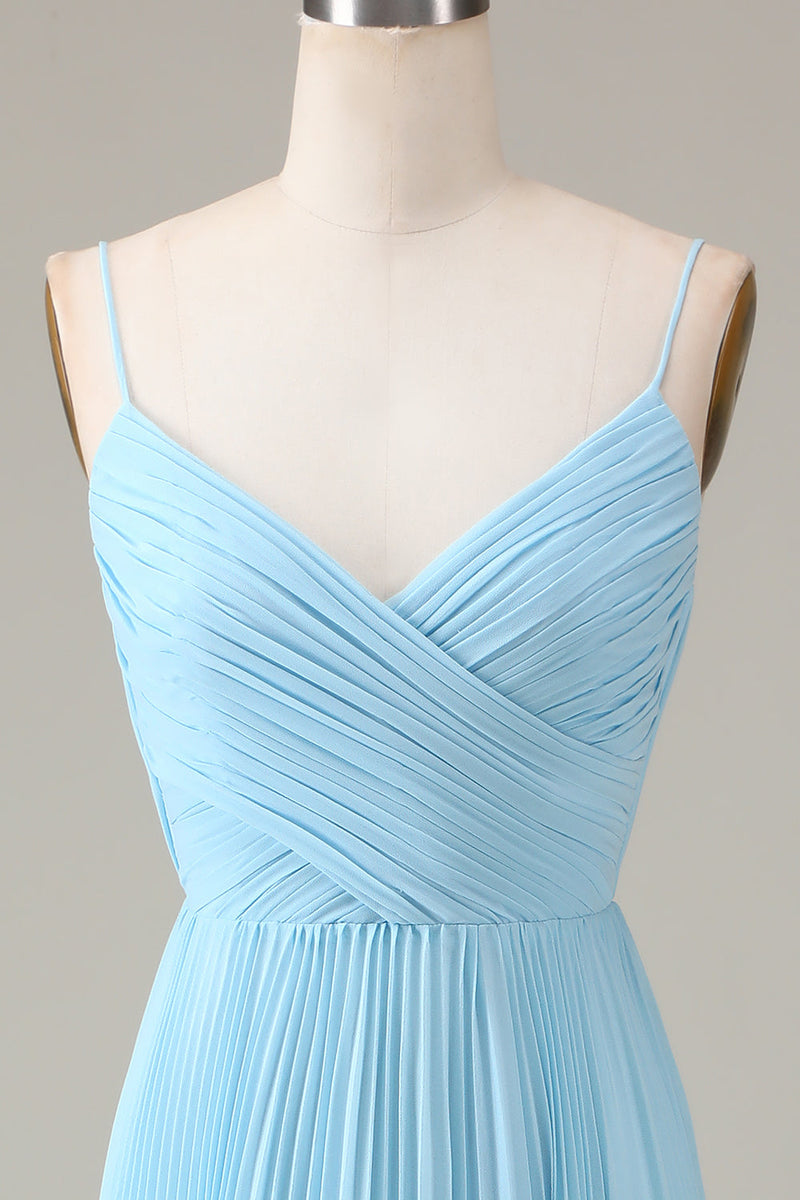 Load image into Gallery viewer, Sky Blue Spaghetti Straps V-neck A-line Pleated Chiffon Bridesmaid Dress
