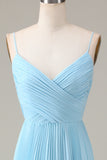 Sky Blue Spaghetti Straps V-neck A-line Pleated Chiffon Bridesmaid Dress