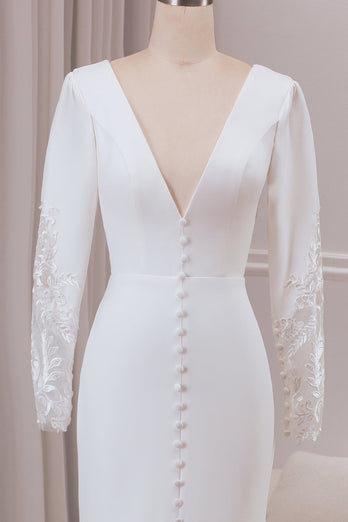 Ivory Deep V-neck Long Sleeves Crepe and Lace Mermaid Bridal Dress