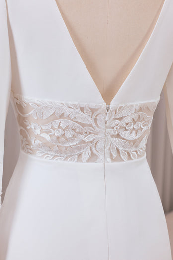 Ivory Deep V-neck Long Sleeves Crepe and Lace Mermaid Bridal Dress