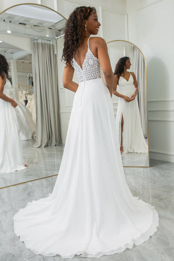 Ivory A-Line Chiffon Sweep Train Wedding Dress with Lace