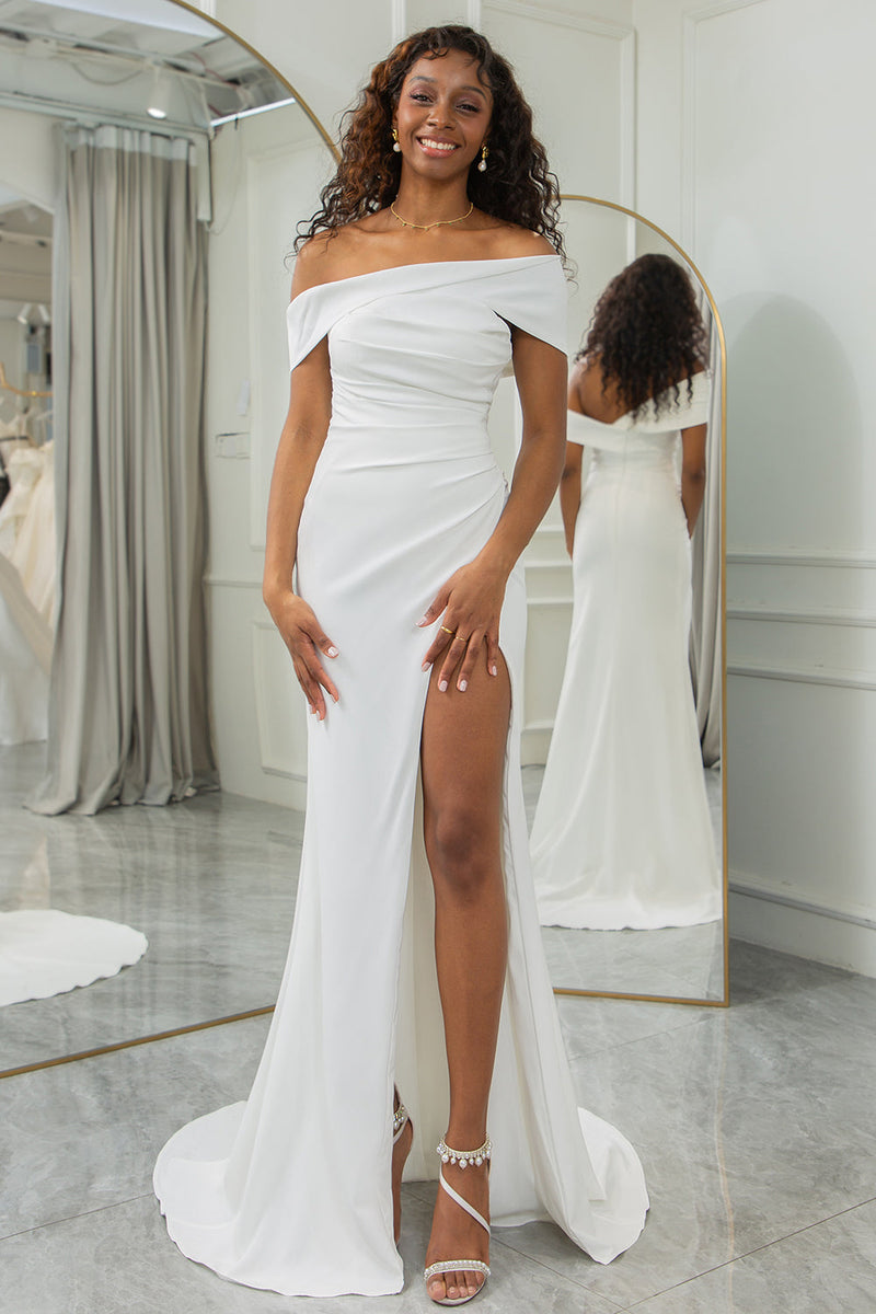 Load image into Gallery viewer, Simple Ivory One Shoulder Draped Wedding Dress with Slit