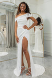 Simple Ivory One Shoulder Draped Wedding Dress with Slit