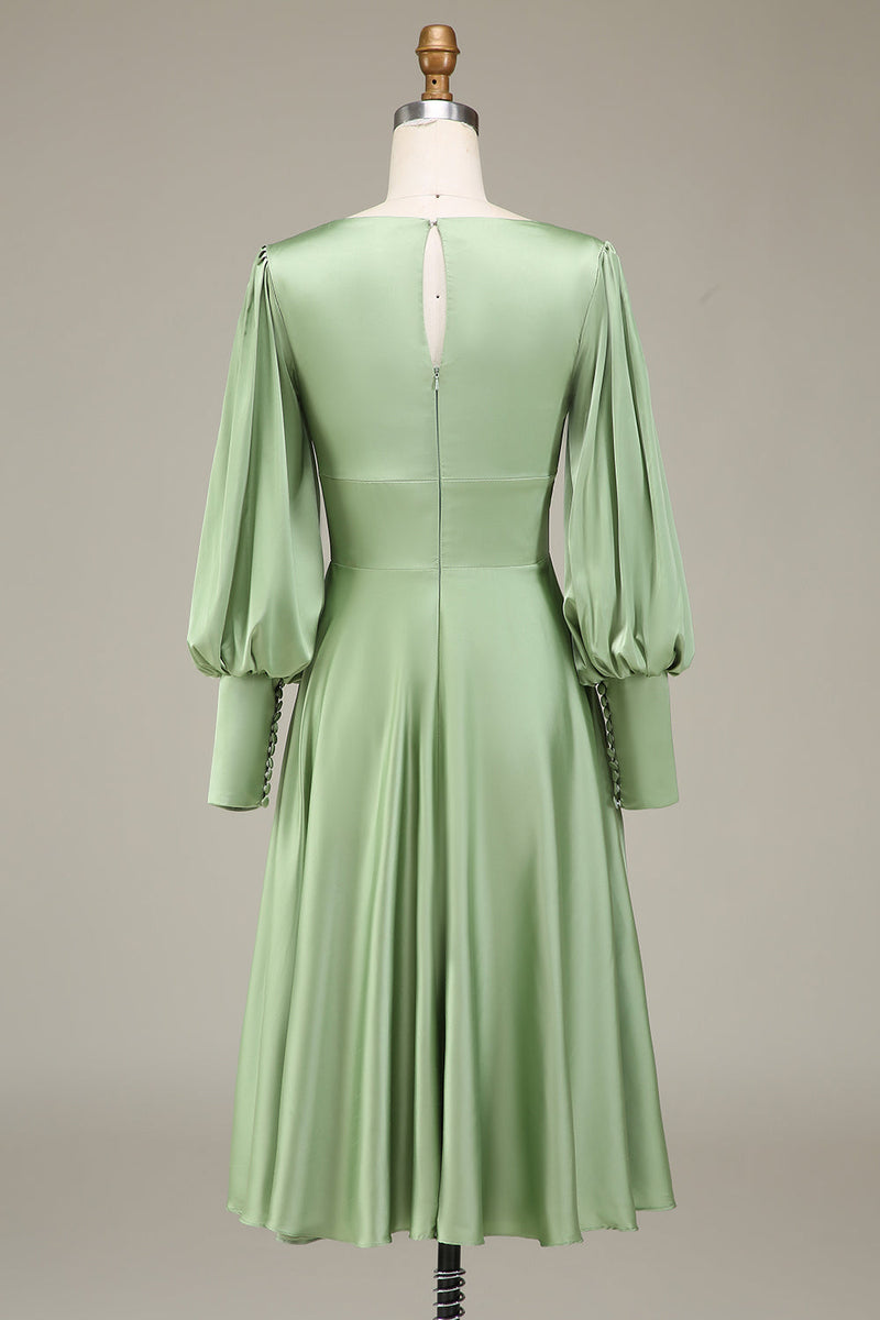 Load image into Gallery viewer, Matcha A-Line V-Neck Satin Bridesmaid Dress With Long Sleeves
