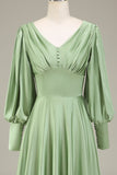 Matcha A-Line V-Neck Satin Bridesmaid Dress With Long Sleeves