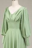 Matcha A-Line V-Neck Satin Bridesmaid Dress With Long Sleeves