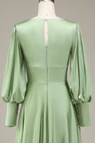 Matcha A-Line V-Neck Satin Bridesmaid Dress With Long Sleeves